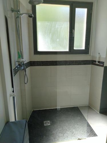 La salle de bains est pourvue d'une douche, d'une fenêtre et d'un lavabo. dans l'établissement Le Pardeilhan Appt chaleureux, lumineux avec terrasse et parking en coeur de ville, à Luchon