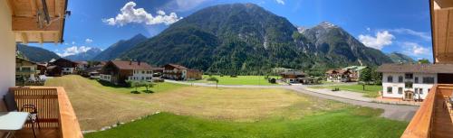 a view of a village with a mountain in the background at Appartement Bergfuier in Holzgau