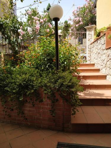 a street light next to a brick wall with flowers at Casa dell'oleandro in Gallodoro