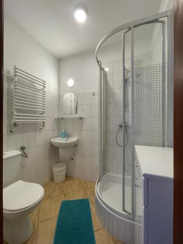 a bathroom with a shower and a toilet and a sink at Rezydencja Legrams in Darłowo