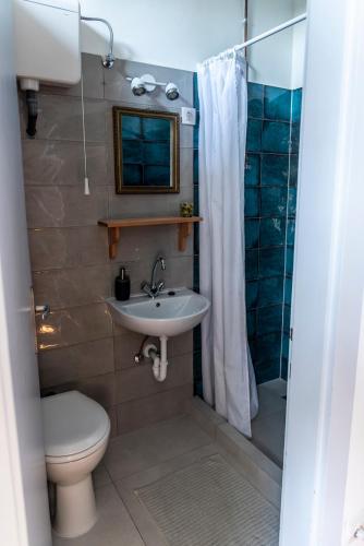 a bathroom with a sink and a toilet and a shower at Liget Vendégház in Révfülöp