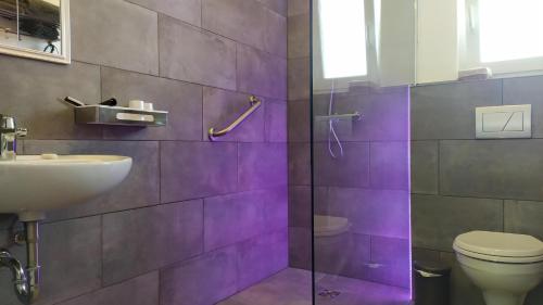 a purple bathroom with a toilet and a sink at Schau-Rhein#2 - on Top of Bacharach, Rhineview in Bacharach