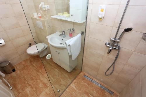 a bathroom with a shower and a toilet and a sink at Hotel Murter in Murter
