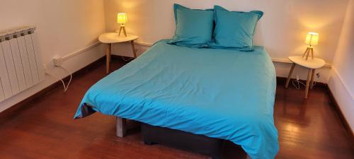 - un lit avec des draps et des oreillers bleus dans l'établissement Petite maison refaite à neuf dans mas du 19ème siècle, à Arles