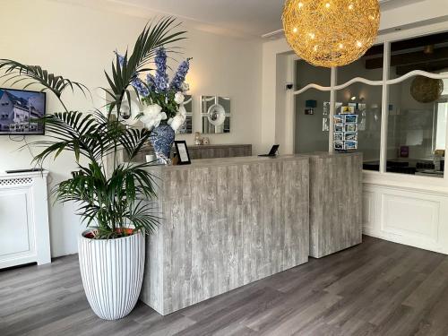 a lobby with a counter with a vase of plants at Hotel & Appartementen Bella Vista in Scheveningen