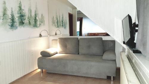 a living room with a couch and a tv at Apartma Bellevue Rogla in Vitanje