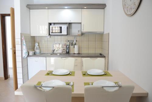 a kitchen with a table with two chairs and a counter at Apartments Marina in Ražanac
