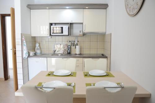 eine Küche mit einem Tisch mit 2 Stühlen und einer Theke in der Unterkunft Apartments Marina in Ražanac