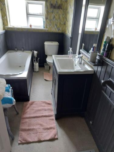 een badkamer met een bad, een wastafel en een toilet bij Luglass house blueball in Blue Ball