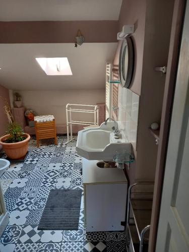 La salle de bains est pourvue d'un lavabo, d'un miroir et d'un sol. dans l'établissement hô choucas, à Chauvigny