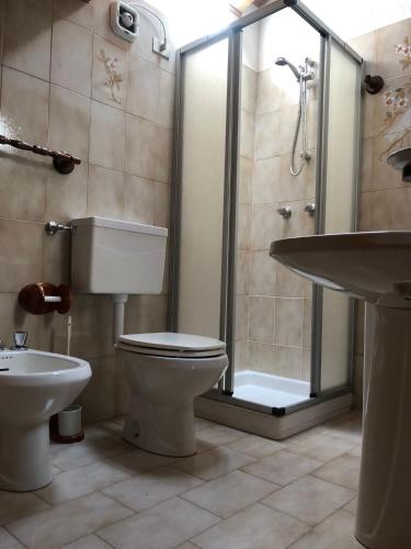 a bathroom with a toilet and a shower and a sink at Appartamenti Il Castello in Saint-Pierre