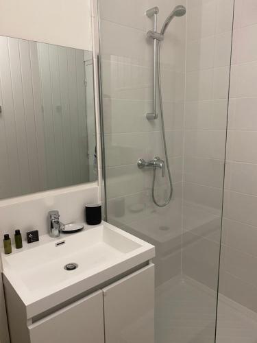 ein weißes Badezimmer mit Dusche und Waschbecken in der Unterkunft Vivez Les 4 chemins - Plage - Quartier Saint Vincent in Le Havre