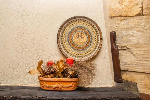 a plate on a wall with a potted plant on a chair at Ta' Bertu Host Family Bed & Breakfast in Ħal Far