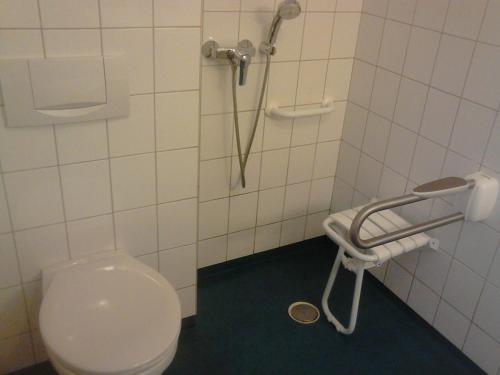 a bathroom with a white toilet and a shower at Ibis Budget Sélestat in Sélestat