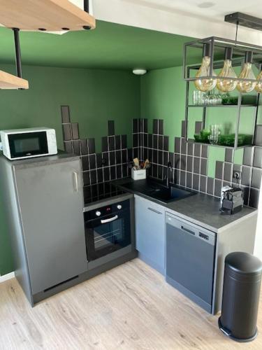 - une cuisine avec des murs verts, une cuisinière et un réfrigérateur dans l'établissement duplex proche gare vue tour Perret avec parking gratuit, à Amiens