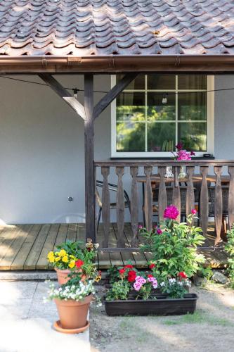 a porch with three pots of flowers on a deck at W Sercu Mazur in Harsz