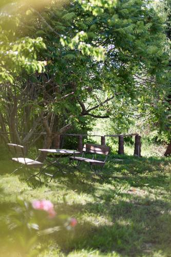 a picnic bench in a park under a tree at W Sercu Mazur in Harsz