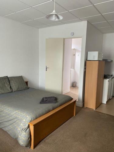 um quarto com uma cama e um armário em Hotel le faubourg em La Guerche-de-Bretagne
