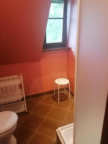 a bathroom with a toilet and a stool at Pokoje Galeria Brama in Kazimierz Dolny