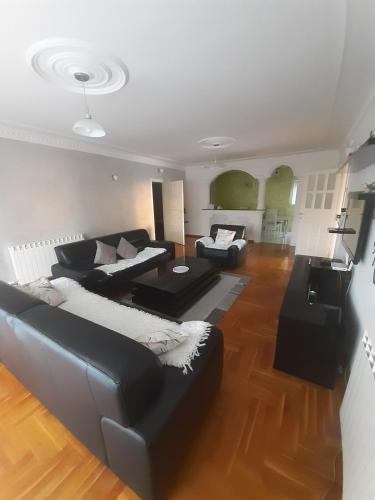 a living room with black couches at VILA LUKA in Podgorica