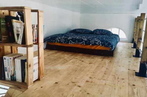 1 dormitorio con 1 cama y estantería con libros en Gîte indépendant dans villa entre mer et maquis, en Sisco