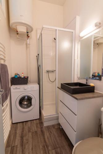 une salle de bain avec une machine à laver et un lavabo dans l'établissement Little GAMBETTA, à Saumur