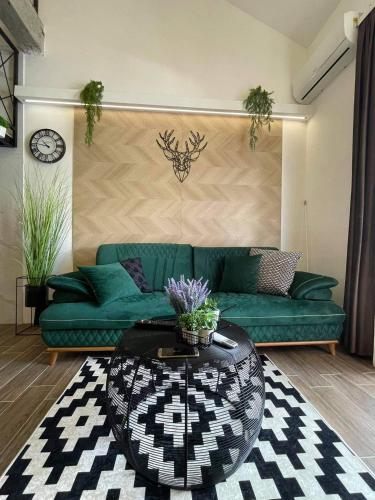 a living room with a green couch and a table at Apartman Plaža Lux in Veliko Gradište