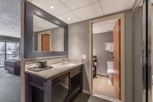 a bathroom with a sink and a mirror at Banff Park Lodge in Banff