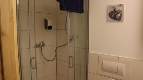 a shower in a bathroom with a glass shower stall at Pension und Gästehaus Paffrath in Großbrembach