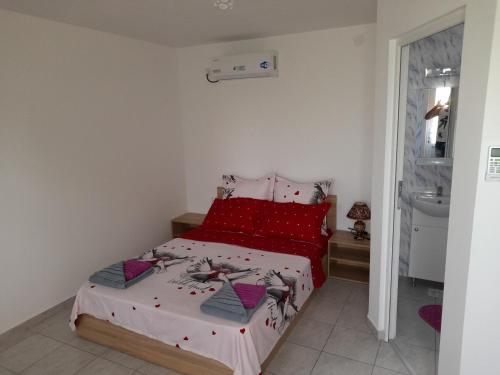a bedroom with a large bed with red pillows at Casa Elena in Corbu