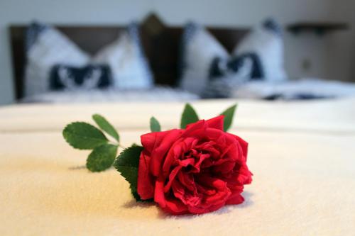 a red rose sitting on top of a bed at Ferienwohnung Brugger in Zellberg
