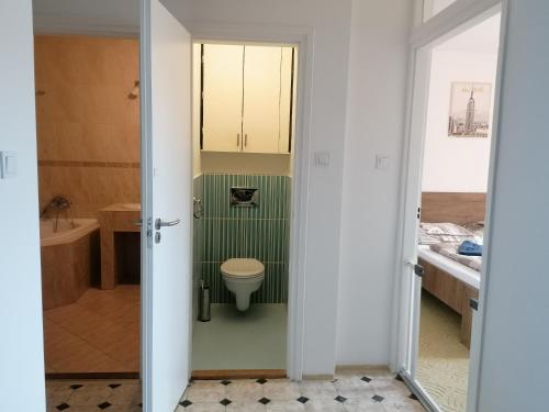 Baño pequeño con aseo y lavamanos en Family House en Eger