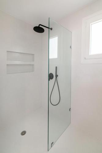 a shower with a glass door in a bathroom at Dream House "A" in Tinos