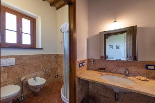 a bathroom with a sink and a toilet and a mirror at Locanda Vesuna Hotel Countryhouse in Pienza