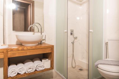 La salle de bains est pourvue d'un lavabo, de toilettes et d'une douche. dans l'établissement Hotel Petros, à Tsilivi