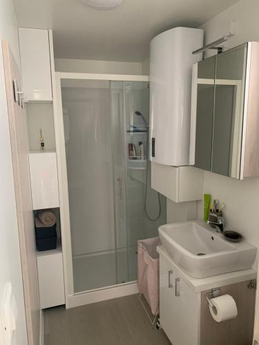 a bathroom with a shower and a sink at Nalu Seahouse in Portorož