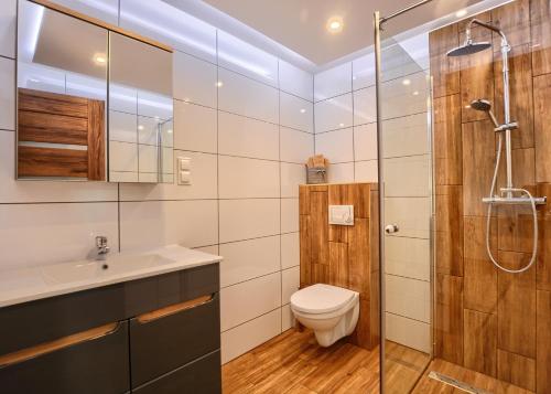 een badkamer met een toilet, een douche en een wastafel bij Guest House in Lesko