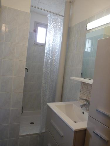 une salle de bain avec une douche, un lavabo et un miroir dans l'établissement Charmant Studio, Les Goélettes, Narbonne Plage, à Narbonne-Plage