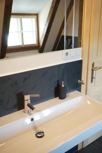 a bathroom with a sink and a mirror at Baroque chaplain house Kaplanka 1796 A. D. - historical luxury apts in Bohemian Paradise in Železný Brod