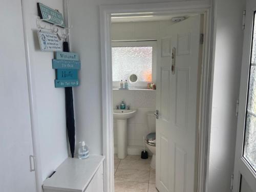 a bathroom with a white toilet and a sink at Gower Cottage in Reynoldston