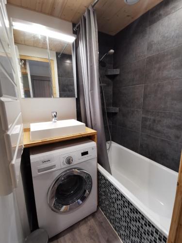 une salle de bain avec une machine à laver et un lavabo dans l'établissement Appartement rénové pour 1p à 4p avec parking - Proche Centre, à Villard-de-Lans