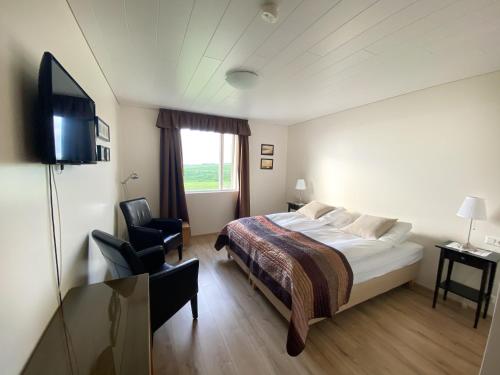 a hotel room with a bed and a television at Hofsstadir Farmhouse in Hofstaðir