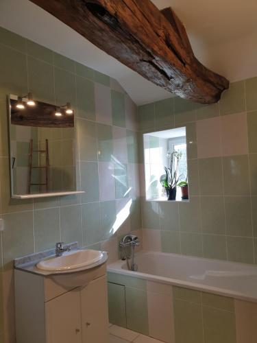 a bathroom with a sink and a bath tub at La Tour du Raygnier in Verneuil-le-Château