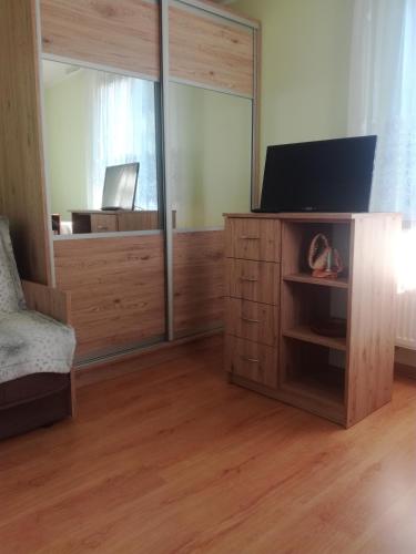 a living room with a tv and a large mirror at Zaciszny Zakątek in Drohiczyn nad Bugiem