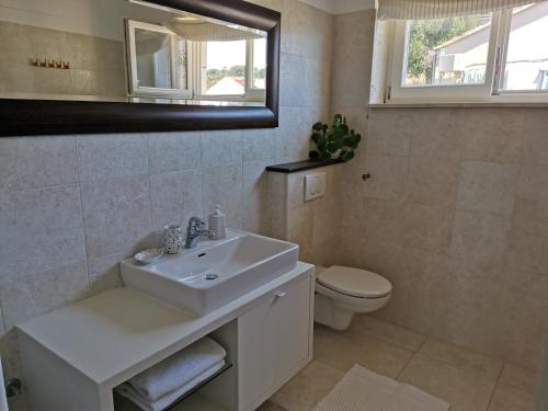 uma casa de banho com um lavatório, um WC e um espelho. em Apartment Buzolic em Hvar