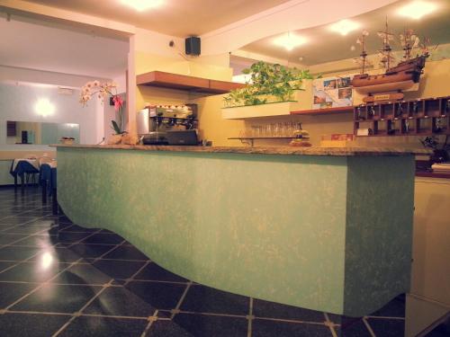 ラパッロにあるホテル ミニョン ポスタのキッチン(室内の緑のカウンター付)