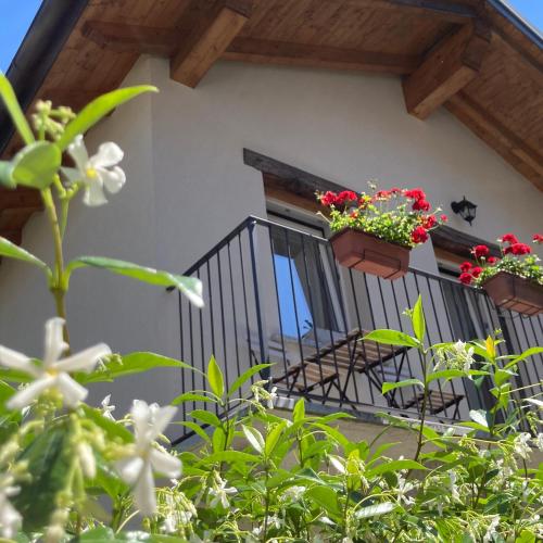 a balcony with two potted plants on it at Il riccio di Ricciano in Casale Corte Cerro