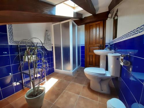 a blue bathroom with a toilet and a sink at Casa Santa Leocadia in Tama