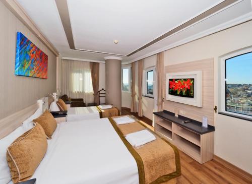 イスタンブールにあるHotel Bulvar Palasのベッドとテレビ付きのホテルルーム