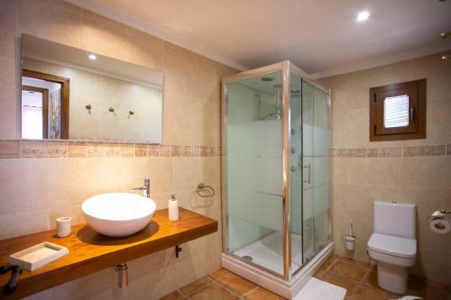 a bathroom with a sink and a glass shower at Finca Pou Monjo in Caimari